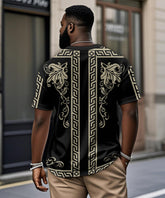 Men's Plus Size Black Vintage Pattern Printed Henry Collar Button Short Sleeve T-Shirt